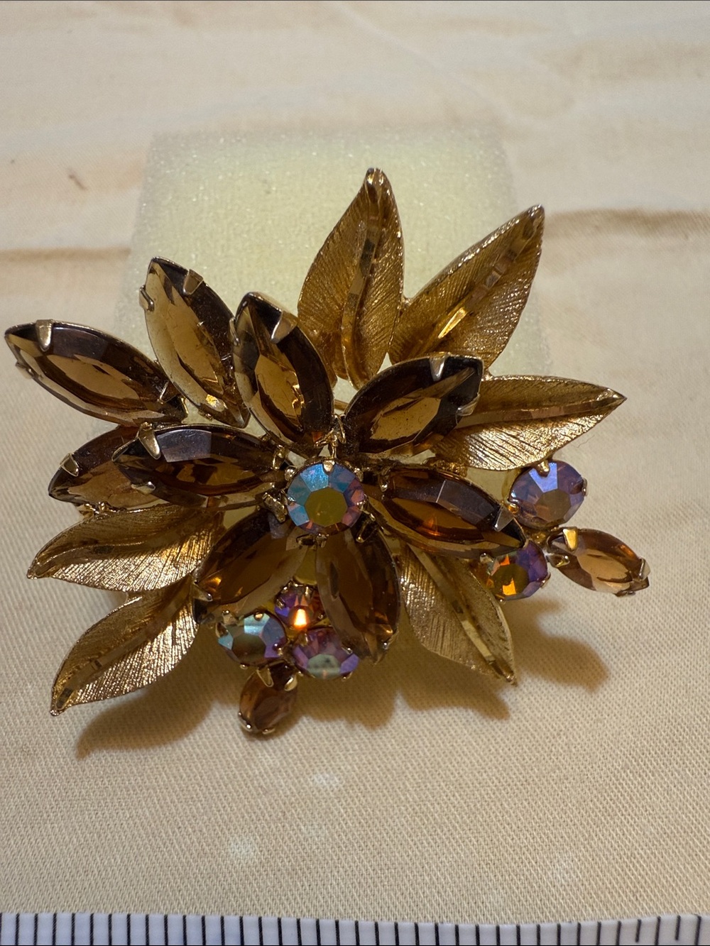 Vintage inspired (Selini )Amber & Iridescent stones Brooch Gold toned